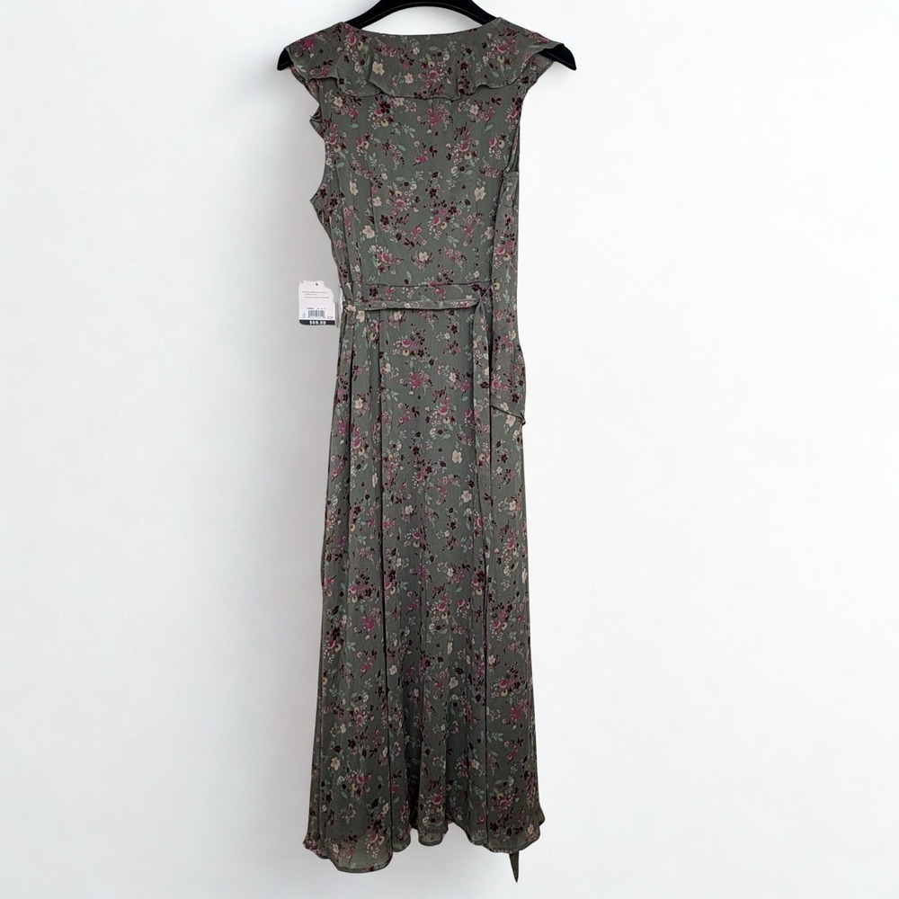 NWT LC Lauren Conrad Floral Asymmetrical Ruffle Maxi Dress Olive Size Medium - Picture 6 of 13